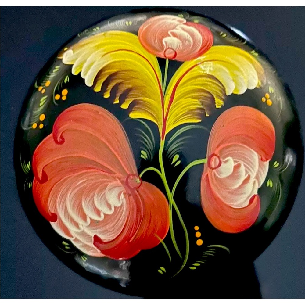 Vintage Russian Round Lacquered Wood Floral Hand Painted Covered Black Box - 5”